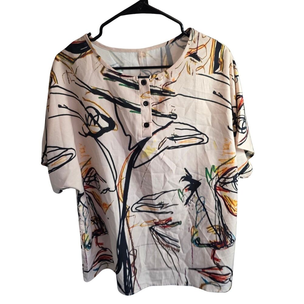 NWOT Boutique Abstract Face Line Art Henley Blouse Short Sleeve Cream Plus 0XL